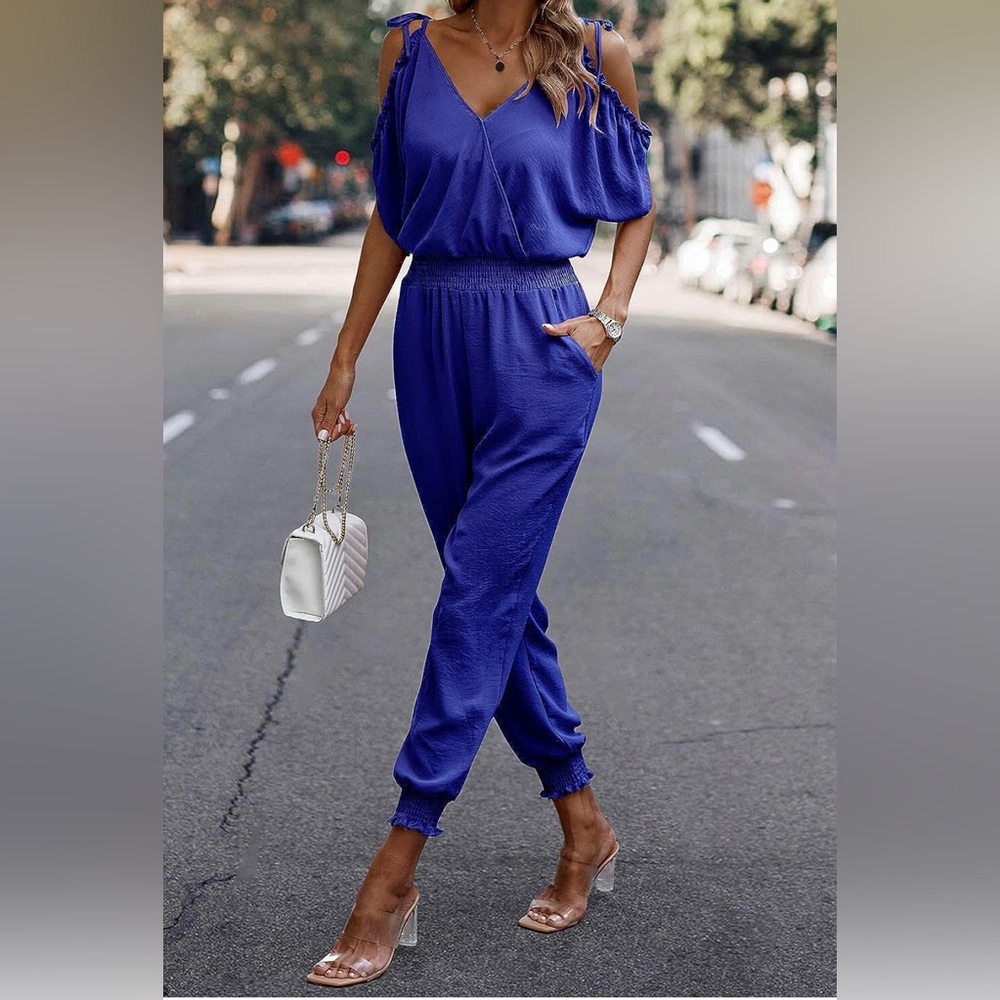 Blue V-Neck Romper with cold shoulders! Medium